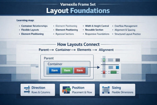 An educational infographic titled 'Varnexio Frame Set Layout Foundations' explaining how layouts connect, featuring a diagram of a parent container and child items with various colored blocks.