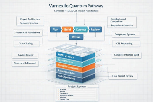 A digital infographic titled 'Varnexilo Quantum Pathway' showing a layered project review and architecture diagram for an HTML & CSS project, with boxes and arrows on a light grid background.
