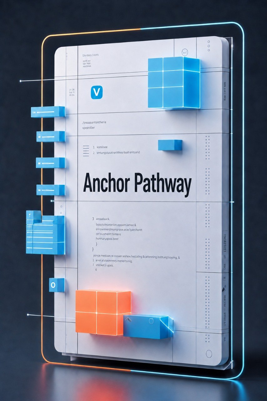 A stylized digital render of a large white document or panel titled 'Anchor Pathway,' surrounded by glowing blue and orange neon frame lines and floating blue geometric blocks on a dark studio background.