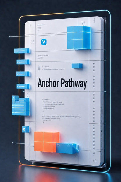 A stylized digital render of a large white document or panel titled 'Anchor Pathway,' surrounded by glowing blue and orange neon frame lines and floating blue geometric blocks on a dark studio background.