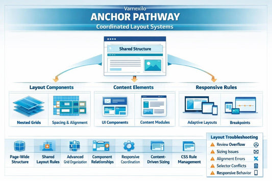 An infographic diagram titled 'Varnxelio ANCHOR PATHWAY Coordinated Layout Systems' showing layout components, content elements, responsive rules, and layout troubleshooting on a light blue and white background.