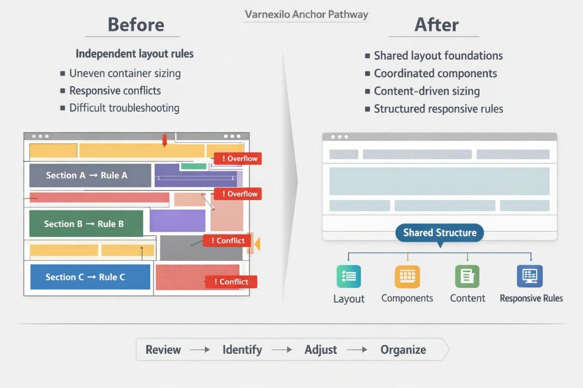A comparison infographic titled 'Varnexilo Anchor Pathway' showing a 'Before' section with multiple colored layout blocks and an 'After' section with a unified shared structure and icons for layout, components, content, and responsive rules.