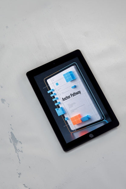 A black tablet device lying on a light gray textured surface, displaying a digital document or app interface titled 'Anchor Pathway' with blue and orange chart elements on the screen.