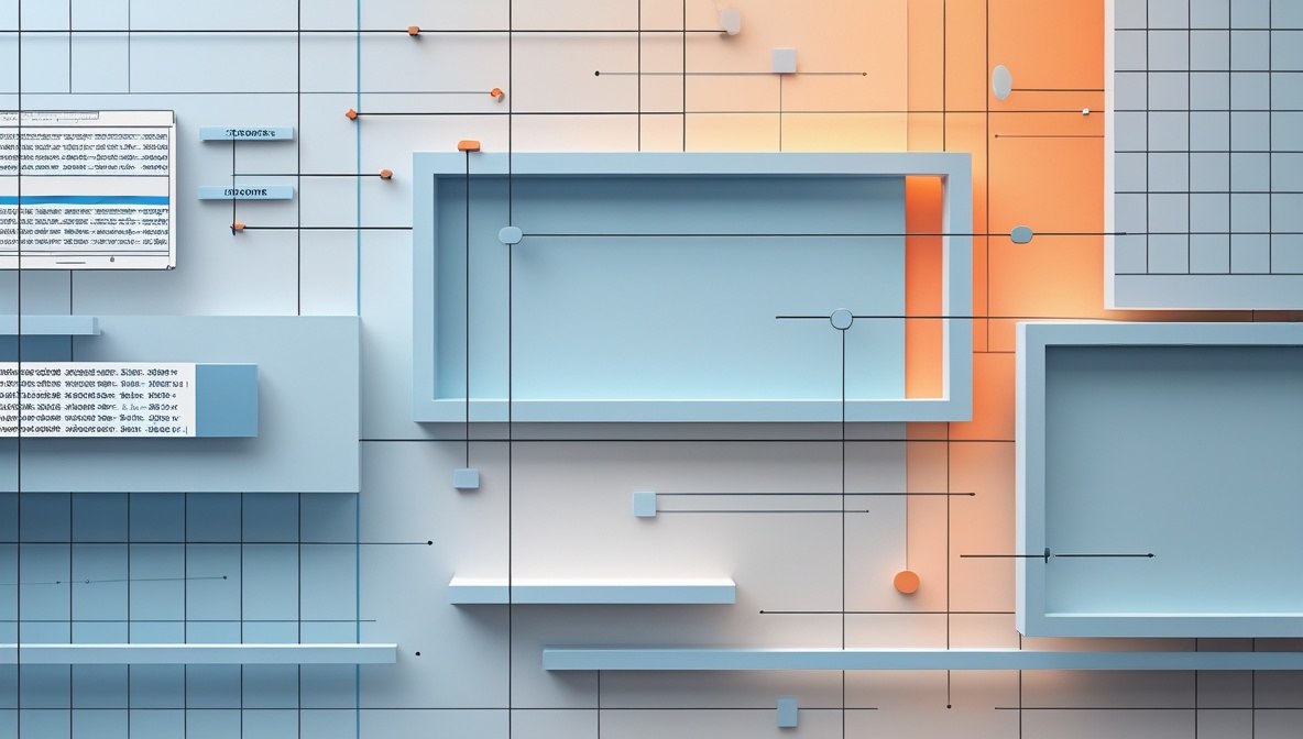 Abstract 3D geometric wall art featuring light blue rectangular frames, floating shelves, grid lines, and small orange accents on a pale blue background.