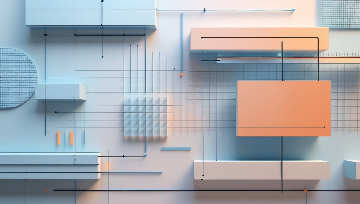 Abstract 3D geometric wall art featuring floating rectangular and circular panels in pastel blue, peach, and white, connected by thin black lines over a subtle grid background.