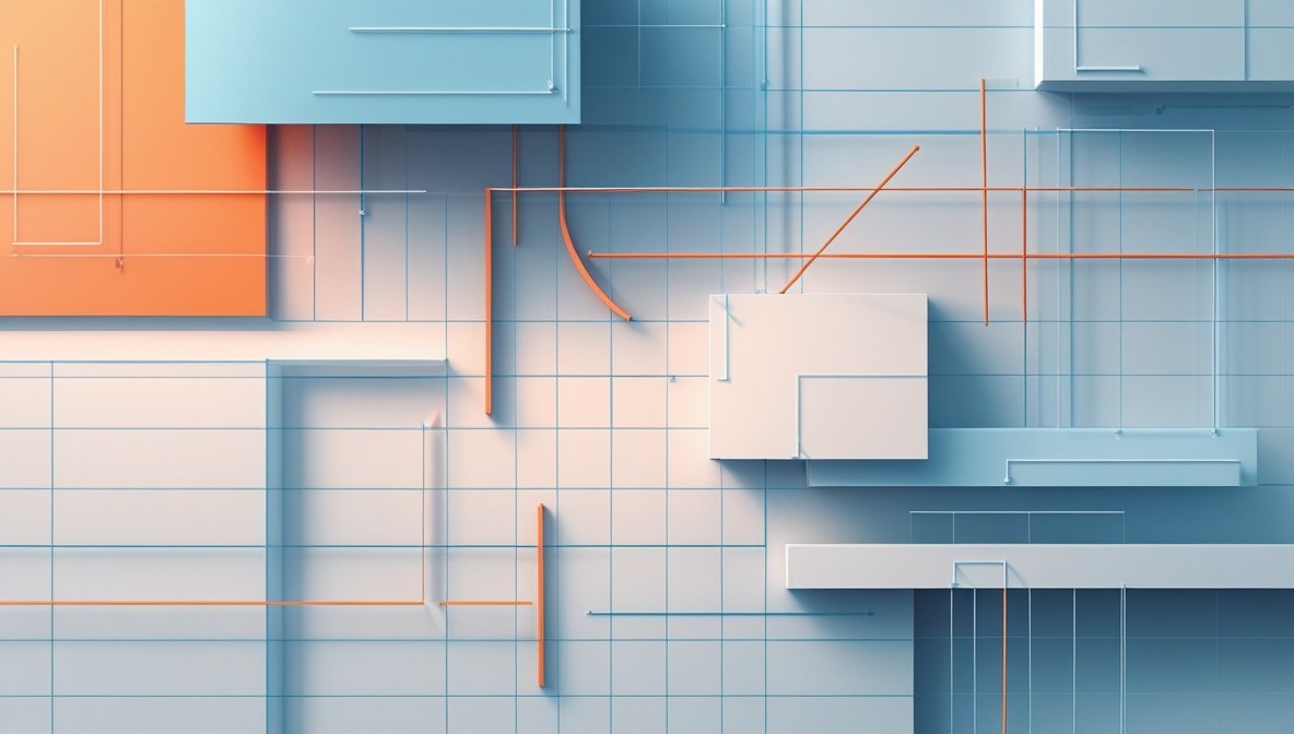 Abstract geometric wall art featuring a modern 3D block design in shades of light blue, white, and orange, overlaid with a fine blue grid pattern.