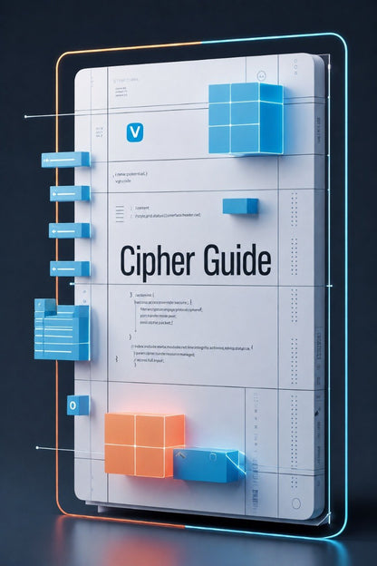 A digital cover or poster for a 'Cipher Guide' featuring a futuristic white tablet or panel with blue and orange 3D block graphics, set against a dark background with glowing blue and orange frame lines.