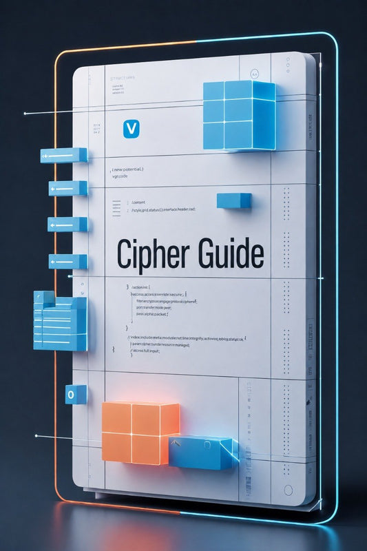 A digital cover or poster for a 'Cipher Guide' featuring a futuristic white tablet or panel with blue and orange 3D block graphics, set against a dark background with glowing blue and orange frame lines.