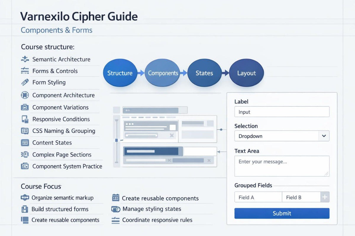 A screenshot of a digital guide titled 'Varnexilo Cipher Guide' showing course structure, components, states, and layout diagrams with form fields and a submit button.