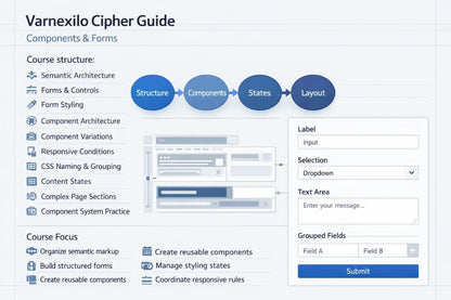 A screenshot of a digital guide titled 'Varnexilo Cipher Guide' showing course structure, components, states, and layout diagrams with form fields and a submit button.