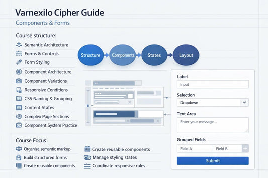 A screenshot of a digital guide titled 'Varnexilo Cipher Guide' showing course structure, components, states, and layout diagrams with form fields and a submit button.