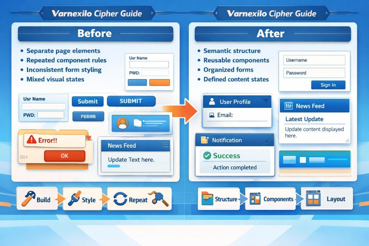 A digital infographic titled 'Varnexilo Cipher Guide' comparing 'Before' and 'After' states of a web form interface. The 'Before' side shows a messy, inconsistent form layout with an error popup.