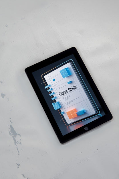 A black tablet device lying on a light gray textured surface, displaying a digital cover page titled 'Cipher Guide' with blue and orange graphic elements.