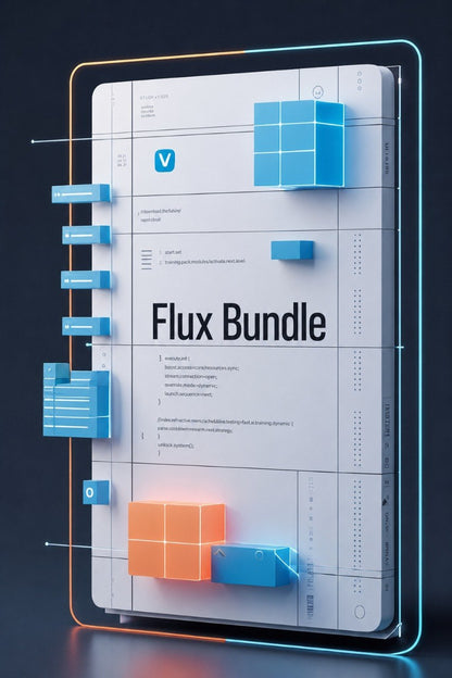 A digital cover or panel for a 'Flux Bundle' featuring a futuristic white interface with blue and orange 3D blocks, code-like text, and glowing neon frame lines on a dark background.