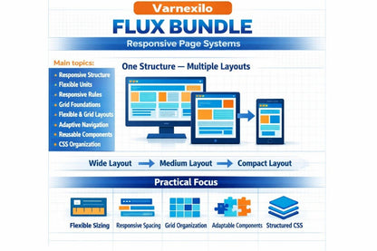 An infographic titled 'Varnexilo FLUX BUNDLE Responsive Page Systems' with blue and orange text on a white grid background, showing device mockups and icons for responsive design topics.