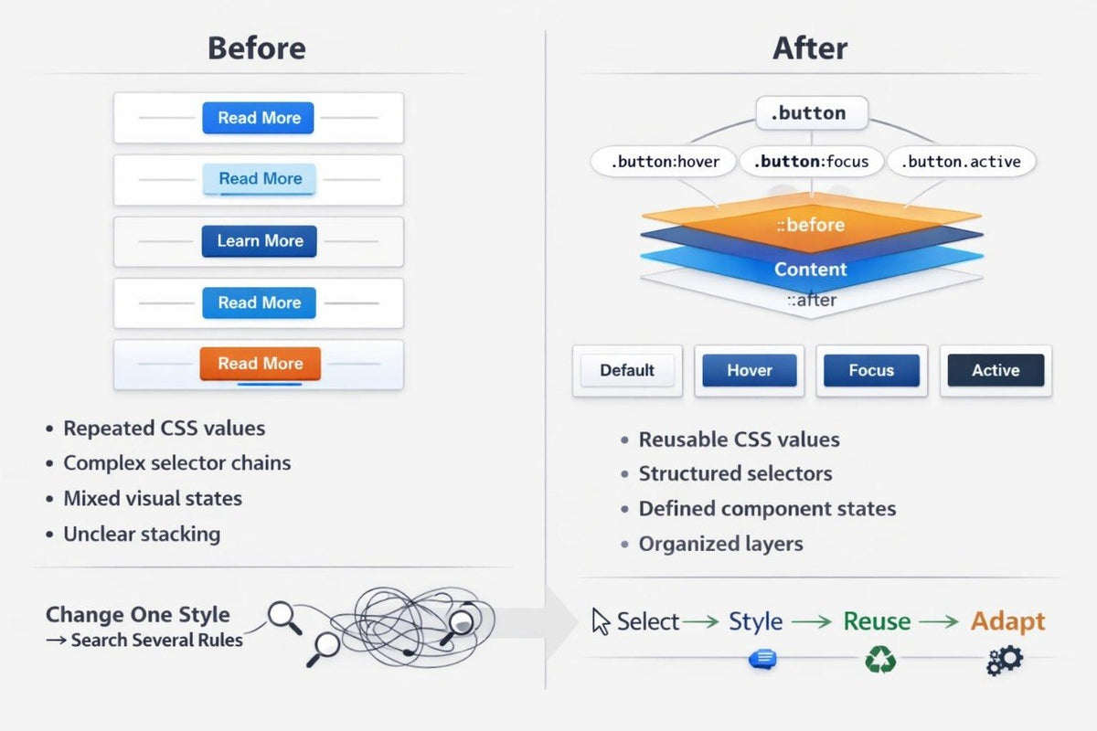 A digital infographic comparing 'Before' and 'After' states of CSS styling. The left side, labeled 'Before', shows a stack of generic blue and orange buttons with text like 'Read More' and 'Learn More', alongside a tangled scribble icon representing messy selector chains.