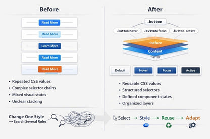 A digital infographic comparing 'Before' and 'After' states of CSS styling. The left side, labeled 'Before', shows a stack of generic blue and orange buttons with text like 'Read More' and 'Learn More', alongside a tangled scribble icon representing messy selector chains.