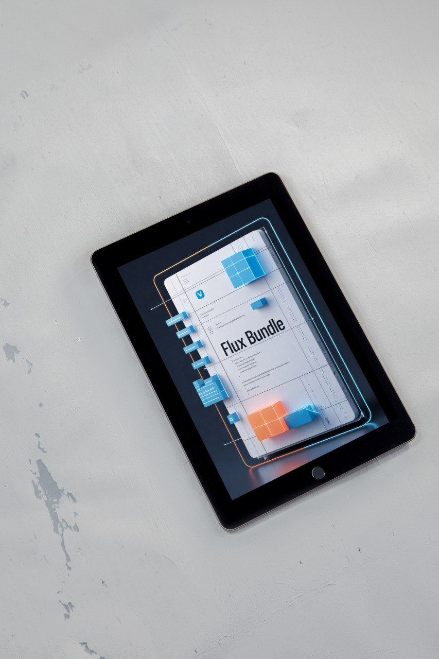 A black tablet device lying on a light gray textured surface, displaying a digital interface with the text 'Flux Bundle' and blue/orange graphic elements.