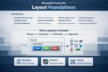 An educational infographic titled 'Varnexio Frame Set Layout Foundations' explaining how layouts connect, featuring a diagram of a parent container and child items with various colored blocks.
