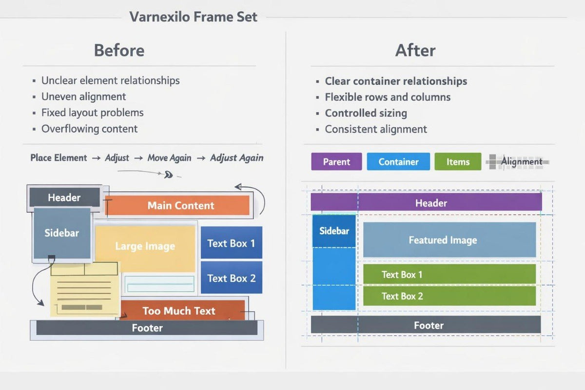 A digital infographic comparing a 'Before' state and 'After' state of a web page layout, titled 'Varnexilo Frame Set'. The left 'Before' column shows a messy, overflowing layout with arrows indicating adjustment steps.