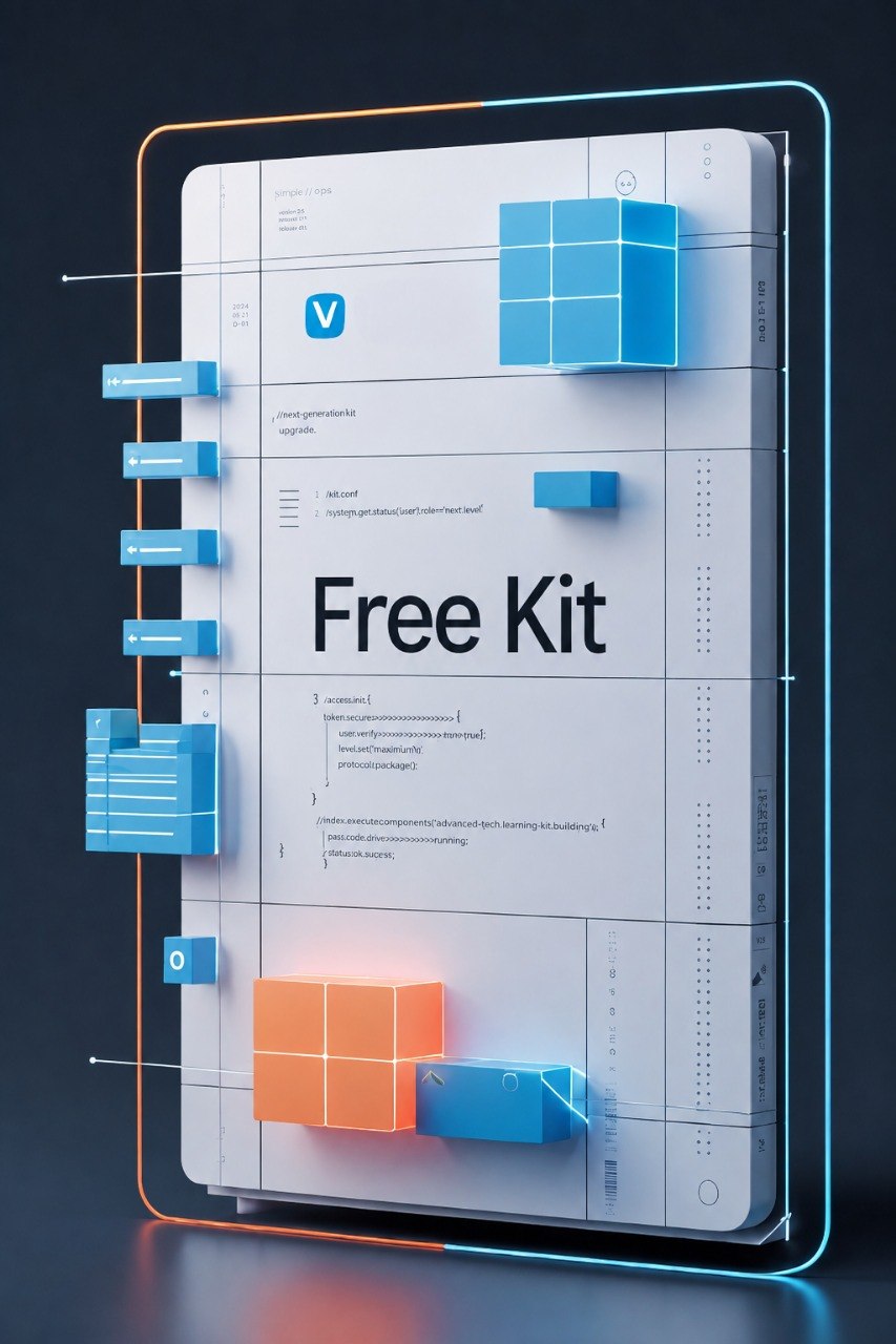 A stylized digital render of a large tablet or monitor displaying a white interface with the text 'Free Kit' and blue and orange 3D block graphics, set against a dark background with glowing blue and orange outline effects.