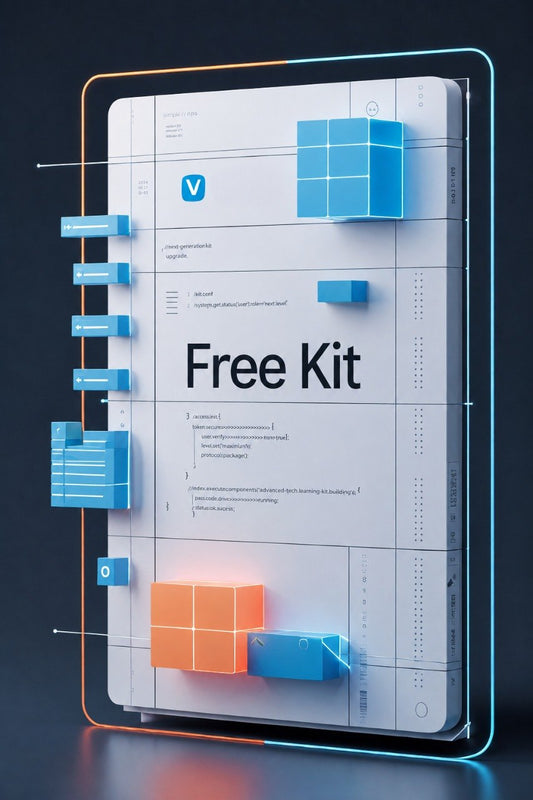 A stylized digital render of a large tablet or monitor displaying a white interface with the text 'Free Kit' and blue and orange 3D block graphics, set against a dark background with glowing blue and orange outline effects.
