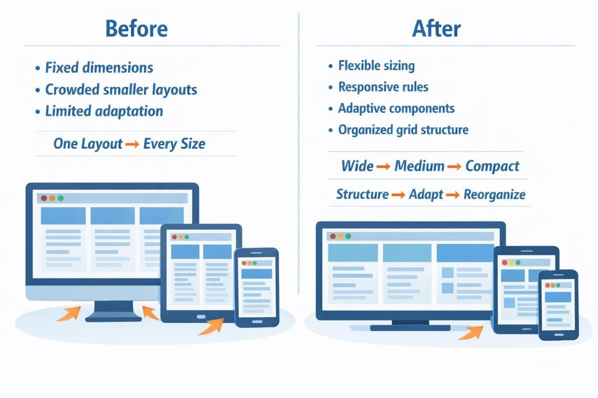 A comparison infographic showing a desktop monitor, tablet, and smartphone before and after adaptive layout improvements. The left side labeled 'Before' lists fixed dimensions, crowded smaller layouts, and limited adaptation, while the right side labeled 'After' lists flexible sizing, responsive rules, adaptive components, and organized grid structure.