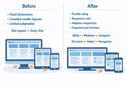 A comparison infographic showing a desktop monitor, tablet, and smartphone before and after adaptive layout improvements. The left side labeled 'Before' lists fixed dimensions, crowded smaller layouts, and limited adaptation, while the right side labeled 'After' lists flexible sizing, responsive rules, adaptive components, and organized grid structure.