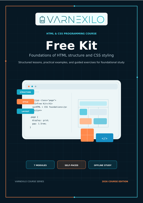 Promotional graphic for a Varnexilo HTML and CSS Programming Course Free Kit, featuring a dark navy background with a central white code editor mockup, orange and blue interface blocks, and course details including '7 Modules', 'Self-Paced', and 'Offline Study'.