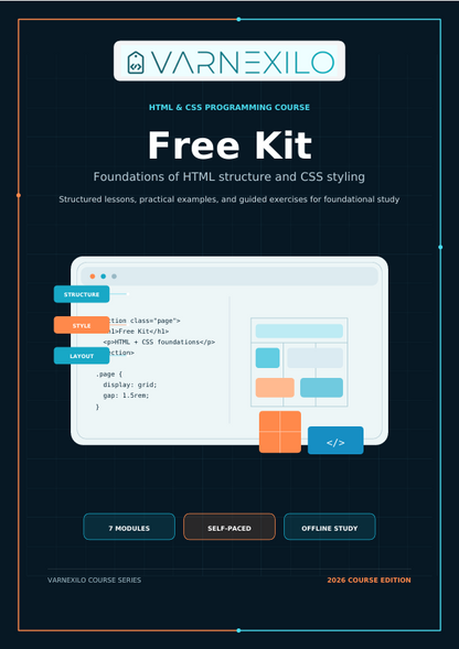 Promotional graphic for a Varnexilo HTML and CSS Programming Course Free Kit, featuring a dark navy background with a central white code editor mockup, orange and blue interface blocks, and course details including '7 Modules', 'Self-Paced', and 'Offline Study'.