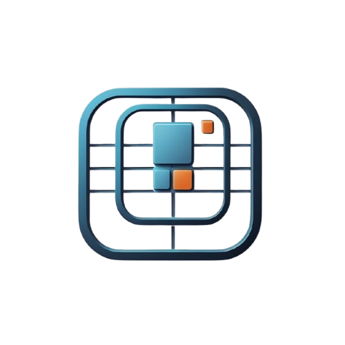 A stylized digital icon or logo featuring a rounded square frame with a grid pattern and abstract geometric shapes in blue and orange, centered on a plain white background.