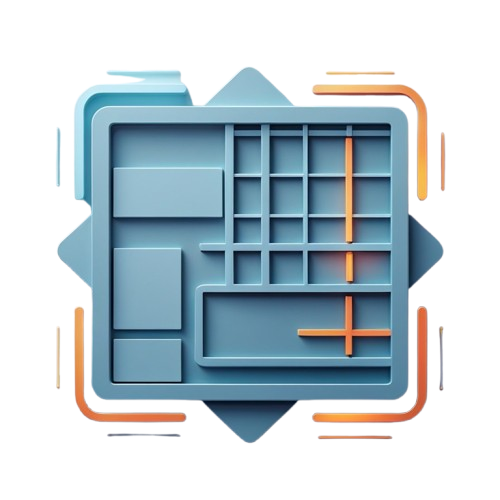 A stylized 3D icon of a blue grid organizer tray with orange accent lines, centered on a white background.