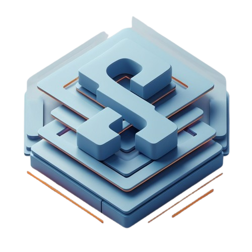 A 3D isometric render of a light blue geometric logo or emblem layered over stacked square panels with thin copper-orange lines, isolated on a white background.
