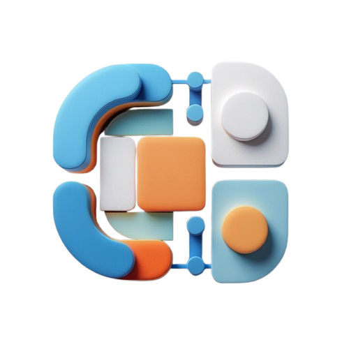A 3D abstract geometric logo or emblem featuring interlocking rounded blocks in light blue, medium blue, orange, and white on a solid white background.