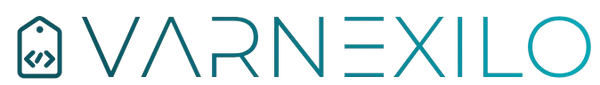 The Varnexilo brand logo, featuring a stylized house icon with code symbols inside on the left, next to the wordmark in teal blue on a solid white background.