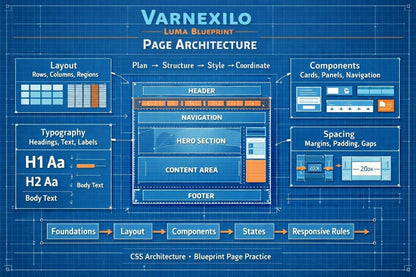A blueprint-style digital graphic titled 'Varnexilo Luma Blueprint Page Architecture' on a blue grid background, showing labeled sections for layout, typography, components, spacing, and a central page structure with footer and navigation.
