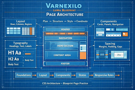 A blueprint-style digital graphic titled 'Varnexilo Luma Blueprint Page Architecture' on a blue grid background, showing labeled sections for layout, typography, components, spacing, and a central page structure with footer and navigation.