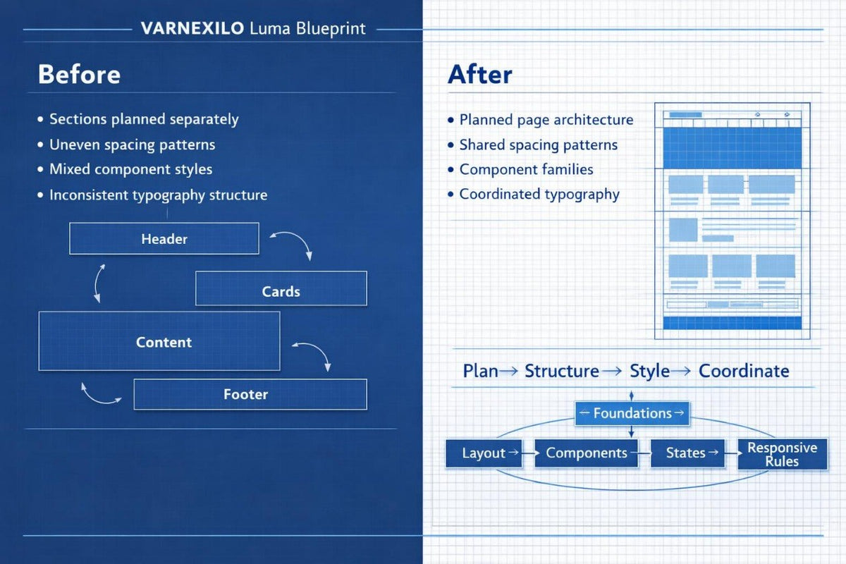 A blue and white informational graphic titled 'VARNEXILO Luma Blueprint' comparing 'Before' and 'After' design planning stages, with text and simple diagram boxes on a grid-style background.
