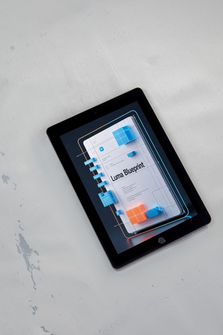 A black tablet device lying on a light gray textured surface, displaying a digital interface titled 'Luma Blueprint' with blue and orange interface elements.