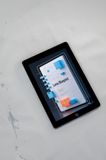 A black tablet device lying on a light gray textured surface, displaying a digital interface titled 'Luma Blueprint' with blue and orange interface elements.