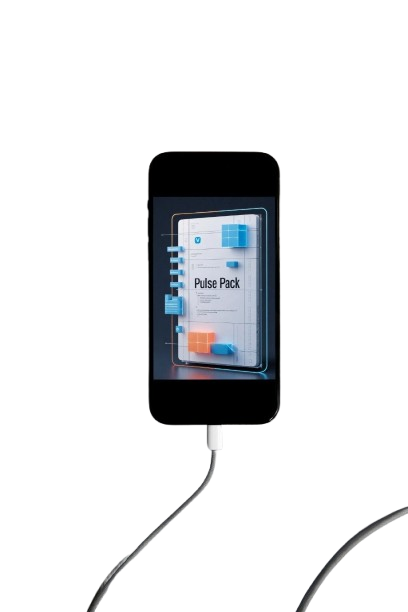 A black smartphone on a white background, connected to a white charging cable. The phone screen displays an app interface labeled 'Pulse Pack' with blue and orange graphic elements.