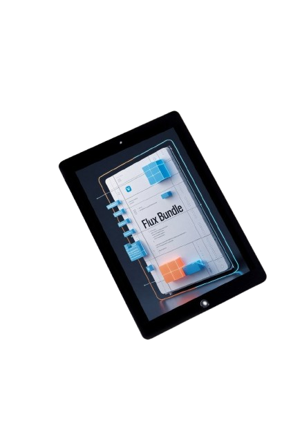 A black tablet device shown at an angle on a plain white background, with its screen displaying a digital cover or interface titled 'Flux Bundle'.