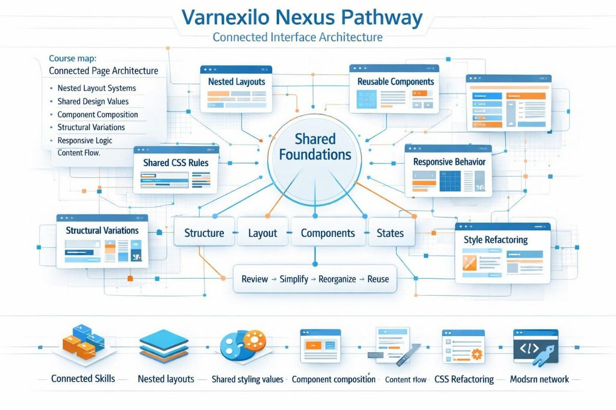 An educational flowchart titled 'Varnexilo Nexus Pathway' and 'Connected Interface Architecture' showing a central 'Shared Foundations' circle connected to modules like 'Nested Layouts', 'Reusable Components', 'Responsive Behavior', 'Structure', 'CSS Refactoring', and 'Style Refactoring' with icons along the bottom.