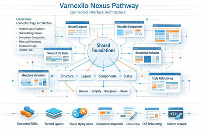An educational flowchart titled 'Varnexilo Nexus Pathway' and 'Connected Interface Architecture' showing a central 'Shared Foundations' circle connected to modules like 'Nested Layouts', 'Reusable Components', 'Responsive Behavior', 'Structure', 'CSS Refactoring', and 'Style Refactoring' with icons along the bottom.