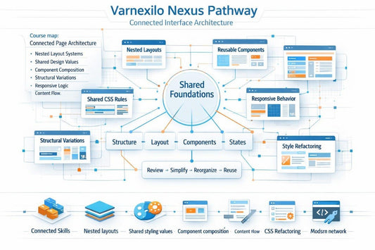 An educational flowchart titled 'Varnexilo Nexus Pathway' and 'Connected Interface Architecture' showing a central 'Shared Foundations' circle connected to modules like 'Nested Layouts', 'Reusable Components', 'Responsive Behavior', 'Structure', 'CSS Refactoring', and 'Style Refactoring' with icons along the bottom.
