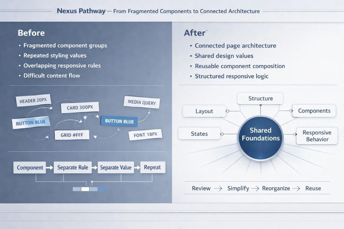 A presentation slide titled 'Nexus Pathway — From Fragmented Components to Connected Architecture' comparing a 'Before' state with an 'After' state. The left 'Before' section features a dark slate blue background with text and a flowchart about fragmented component groups and responsive rules.