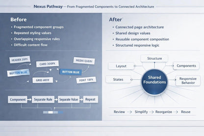 A presentation slide titled 'Nexus Pathway — From Fragmented Components to Connected Architecture' comparing a 'Before' state with an 'After' state. The left 'Before' section features a dark slate blue background with text and a flowchart about fragmented component groups and responsive rules.