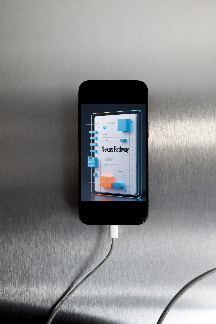 A black smartphone lies on a brushed metal surface, displaying a digital interface labeled 'Nexus Pathway,' with a white charging cable plugged into it.
