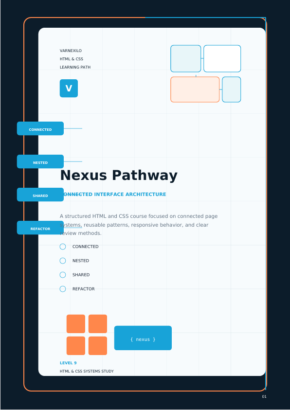 A digital document or page titled 'Nexus Pathway' with a light gray background, blue and orange UI-style graphics, and text about connected interface architecture. This is not a physical product photo, not packaging, and not an auxiliary chart specifically about sizing, color swatches, or instructions for a product; it reads as a digital preview or educational layout, so subject_type is Other.
