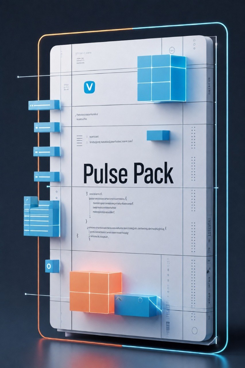 A digital product mockup for a 'Pulse Pack' featuring a white tablet-like display with blue and orange 3D blocks, interface elements, and text on a dark background.